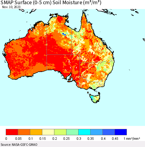 Australia SMAP Surface (0-5 cm) Soil Moisture (m³/m³) Thematic Map For 11/6/2023 - 11/10/2023