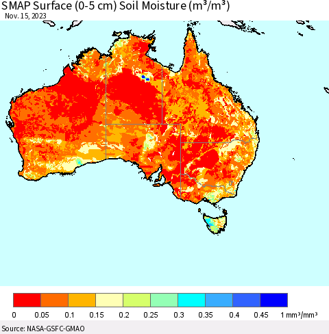 Australia SMAP Surface (0-5 cm) Soil Moisture (m³/m³) Thematic Map For 11/11/2023 - 11/15/2023