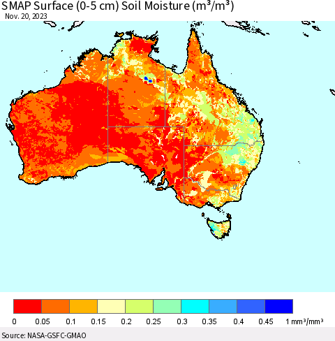Australia SMAP Surface (0-5 cm) Soil Moisture (m³/m³) Thematic Map For 11/16/2023 - 11/20/2023