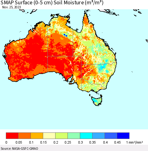 Australia SMAP Surface (0-5 cm) Soil Moisture (m³/m³) Thematic Map For 11/21/2023 - 11/25/2023