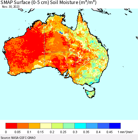 Australia SMAP Surface (0-5 cm) Soil Moisture (m³/m³) Thematic Map For 11/26/2023 - 11/30/2023