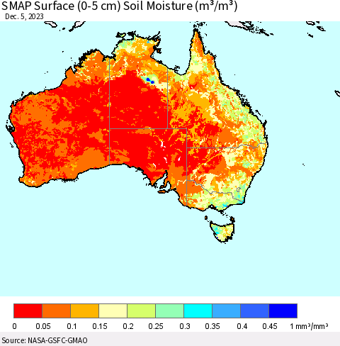 Australia SMAP Surface (0-5 cm) Soil Moisture (m³/m³) Thematic Map For 12/1/2023 - 12/5/2023