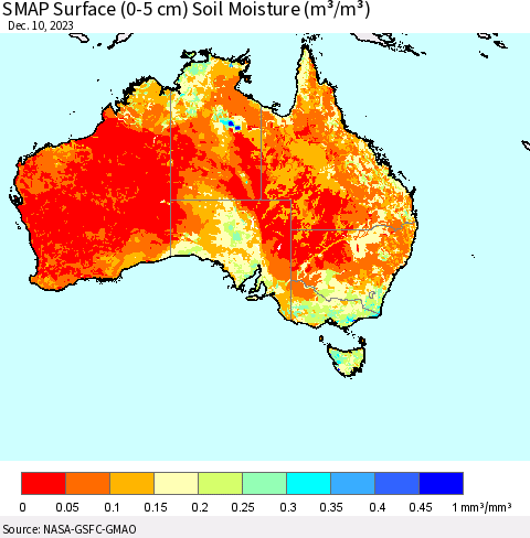 Australia SMAP Surface (0-5 cm) Soil Moisture (m³/m³) Thematic Map For 12/6/2023 - 12/10/2023