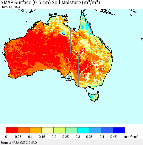 Australia SMAP Surface (0-5 cm) Soil Moisture (m³/m³) Thematic Map For 12/11/2023 - 12/15/2023