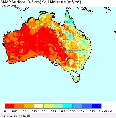 Australia SMAP Surface (0-5 cm) Soil Moisture (m³/m³) Thematic Map For 12/16/2023 - 12/20/2023