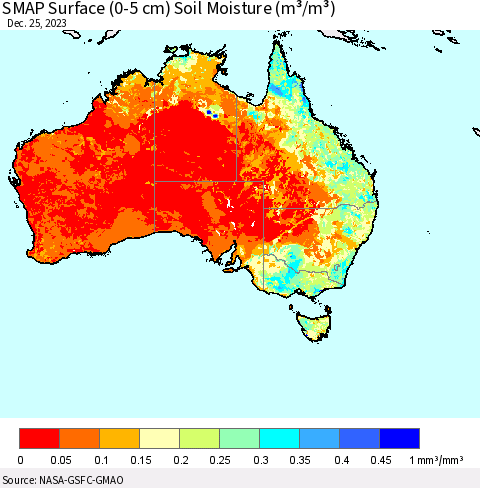 Australia SMAP Surface (0-5 cm) Soil Moisture (m³/m³) Thematic Map For 12/21/2023 - 12/25/2023