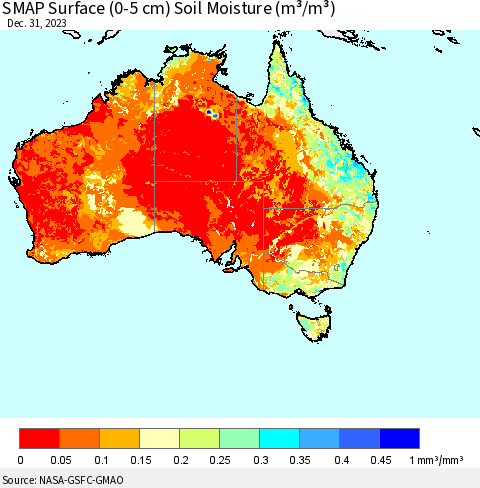 Australia SMAP Surface (0-5 cm) Soil Moisture (m³/m³) Thematic Map For 12/26/2023 - 12/31/2023