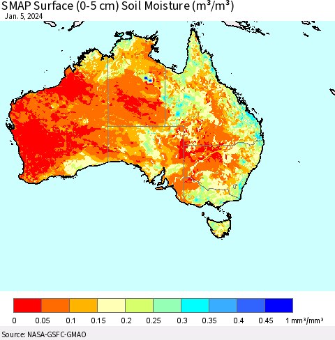 Australia SMAP Surface (0-5 cm) Soil Moisture (m³/m³) Thematic Map For 1/1/2024 - 1/5/2024