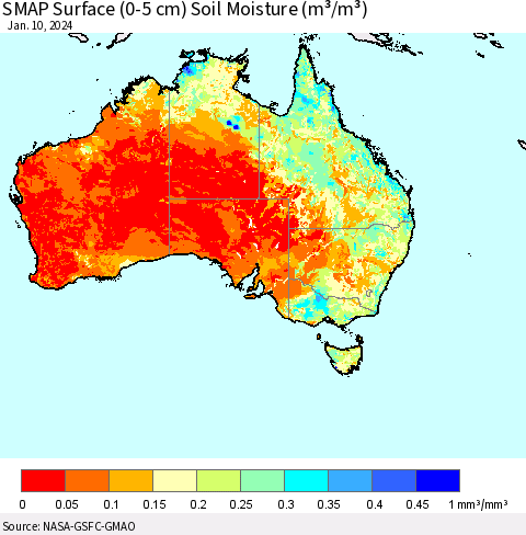 Australia SMAP Surface (0-5 cm) Soil Moisture (m³/m³) Thematic Map For 1/6/2024 - 1/10/2024