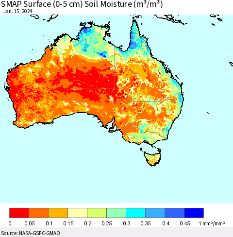 Australia SMAP Surface (0-5 cm) Soil Moisture (m³/m³) Thematic Map For 1/11/2024 - 1/15/2024