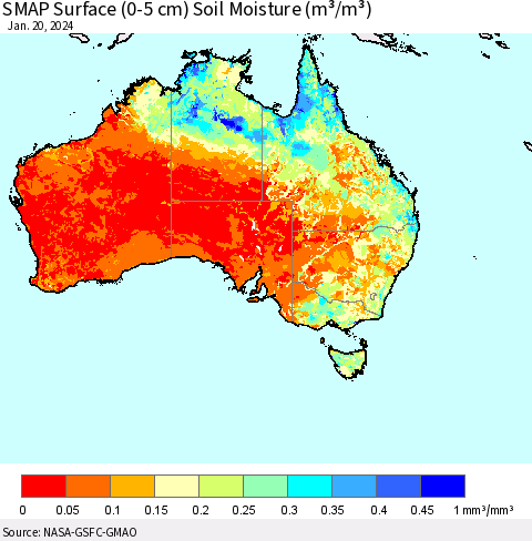Australia SMAP Surface (0-5 cm) Soil Moisture (m³/m³) Thematic Map For 1/16/2024 - 1/20/2024