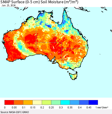 Australia SMAP Surface (0-5 cm) Soil Moisture (m³/m³) Thematic Map For 1/21/2024 - 1/25/2024