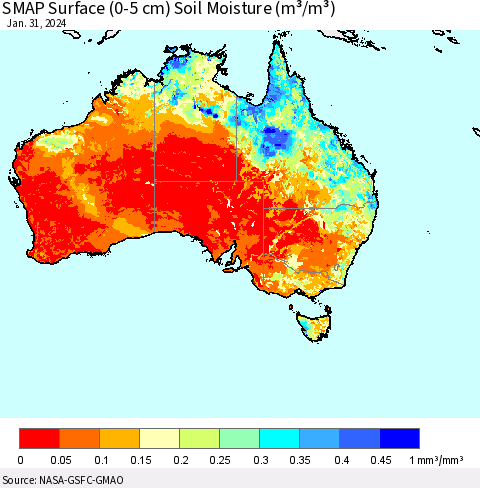 Australia SMAP Surface (0-5 cm) Soil Moisture (m³/m³) Thematic Map For 1/26/2024 - 1/31/2024