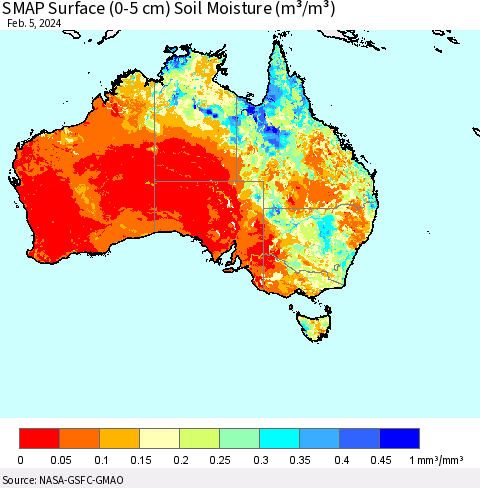 Australia SMAP Surface (0-5 cm) Soil Moisture (m³/m³) Thematic Map For 2/1/2024 - 2/5/2024