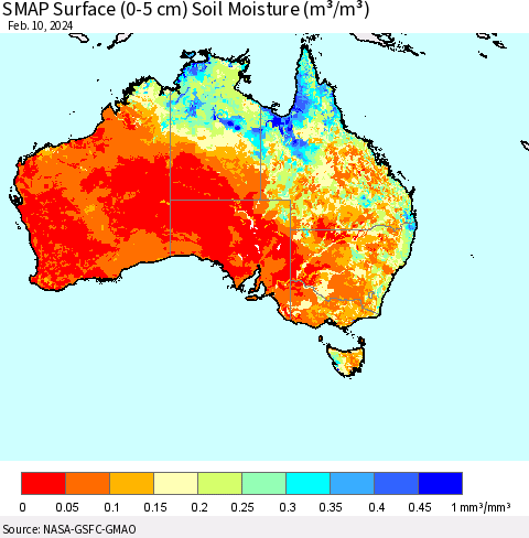 Australia SMAP Surface (0-5 cm) Soil Moisture (m³/m³) Thematic Map For 2/6/2024 - 2/10/2024