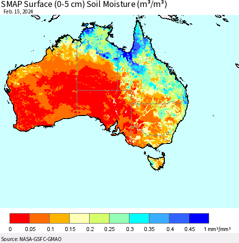 Australia SMAP Surface (0-5 cm) Soil Moisture (m³/m³) Thematic Map For 2/11/2024 - 2/15/2024