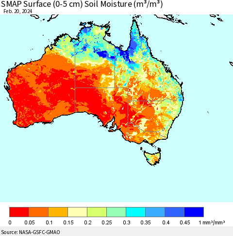 Australia SMAP Surface (0-5 cm) Soil Moisture (m³/m³) Thematic Map For 2/16/2024 - 2/20/2024
