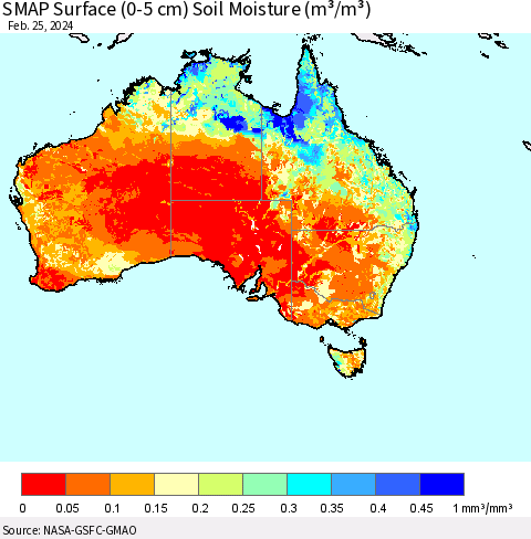Australia SMAP Surface (0-5 cm) Soil Moisture (m³/m³) Thematic Map For 2/21/2024 - 2/25/2024