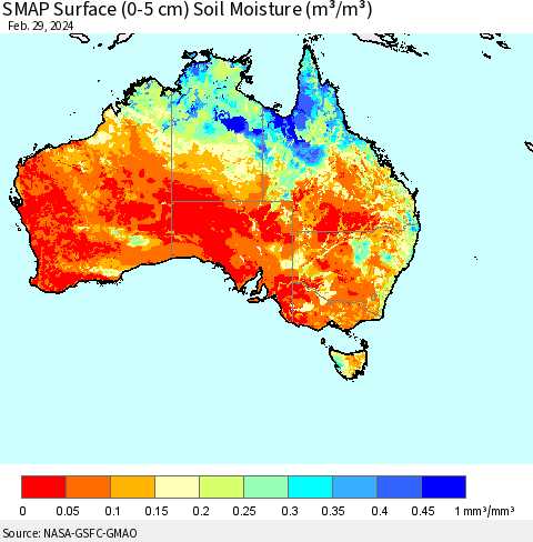 Australia SMAP Surface (0-5 cm) Soil Moisture (m³/m³) Thematic Map For 2/26/2024 - 2/29/2024