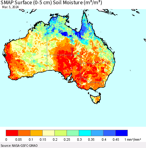 Australia SMAP Surface (0-5 cm) Soil Moisture (m³/m³) Thematic Map For 3/1/2024 - 3/5/2024
