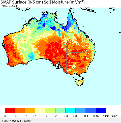 Australia SMAP Surface (0-5 cm) Soil Moisture (m³/m³) Thematic Map For 3/6/2024 - 3/10/2024