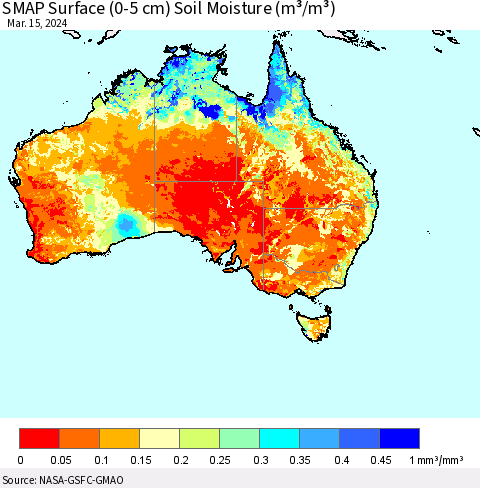 Australia SMAP Surface (0-5 cm) Soil Moisture (m³/m³) Thematic Map For 3/11/2024 - 3/15/2024
