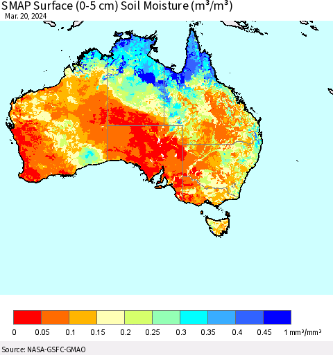 Australia SMAP Surface (0-5 cm) Soil Moisture (m³/m³) Thematic Map For 3/16/2024 - 3/20/2024