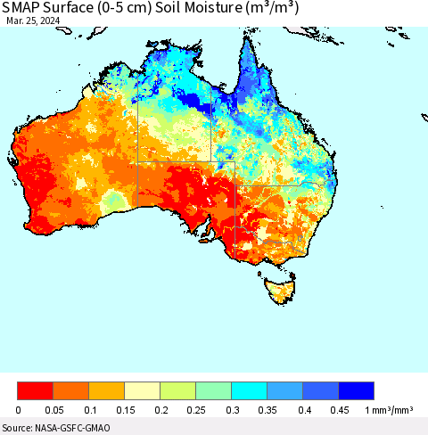Australia SMAP Surface (0-5 cm) Soil Moisture (m³/m³) Thematic Map For 3/21/2024 - 3/25/2024