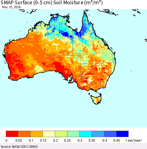 Australia SMAP Surface (0-5 cm) Soil Moisture (m³/m³) Thematic Map For 3/26/2024 - 3/31/2024