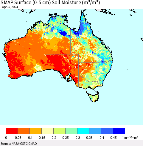 Australia SMAP Surface (0-5 cm) Soil Moisture (m³/m³) Thematic Map For 4/1/2024 - 4/5/2024