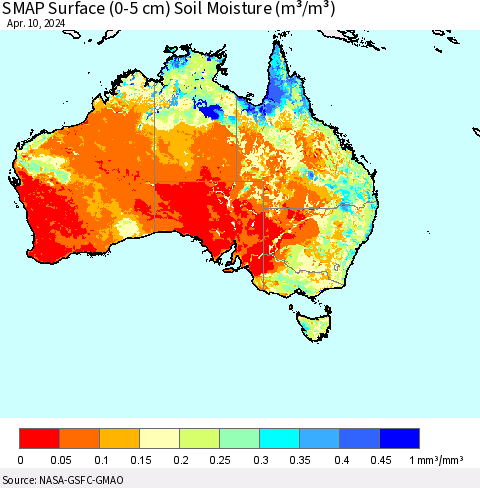 Australia SMAP Surface (0-5 cm) Soil Moisture (m³/m³) Thematic Map For 4/6/2024 - 4/10/2024