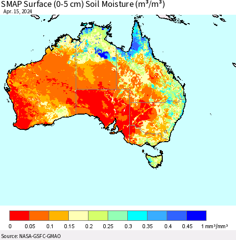 Australia SMAP Surface (0-5 cm) Soil Moisture (m³/m³) Thematic Map For 4/11/2024 - 4/15/2024