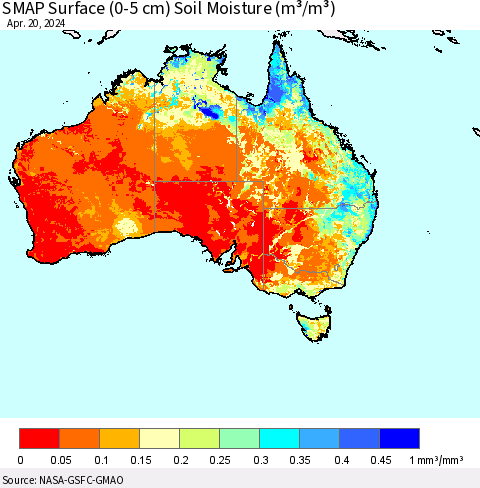 Australia SMAP Surface (0-5 cm) Soil Moisture (m³/m³) Thematic Map For 4/16/2024 - 4/20/2024