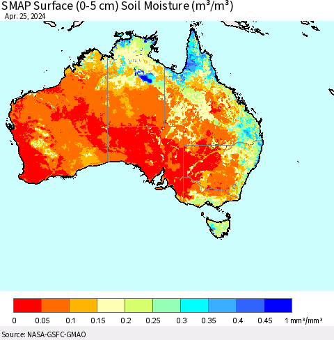 Australia SMAP Surface (0-5 cm) Soil Moisture (m³/m³) Thematic Map For 4/21/2024 - 4/25/2024