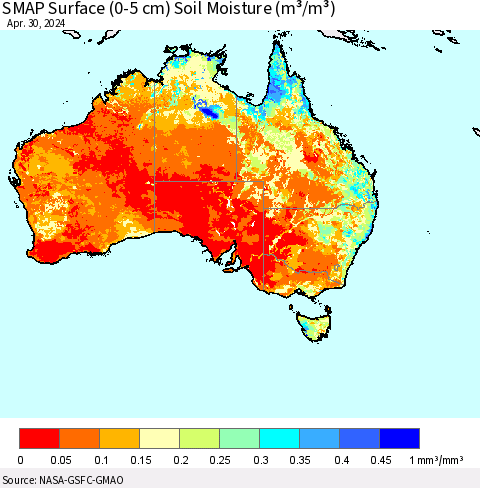 Australia SMAP Surface (0-5 cm) Soil Moisture (m³/m³) Thematic Map For 4/26/2024 - 4/30/2024
