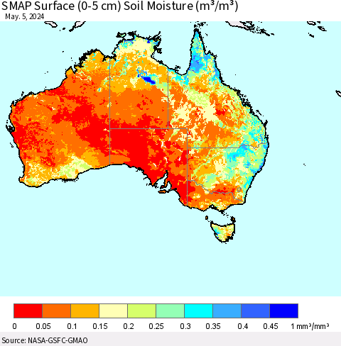 Australia SMAP Surface (0-5 cm) Soil Moisture (m³/m³) Thematic Map For 5/1/2024 - 5/5/2024