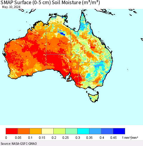 Australia SMAP Surface (0-5 cm) Soil Moisture (m³/m³) Thematic Map For 5/6/2024 - 5/10/2024
