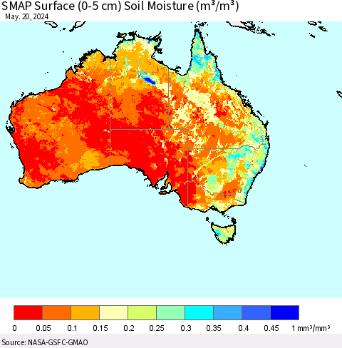 Australia SMAP Surface (0-5 cm) Soil Moisture (m³/m³) Thematic Map For 5/16/2024 - 5/20/2024