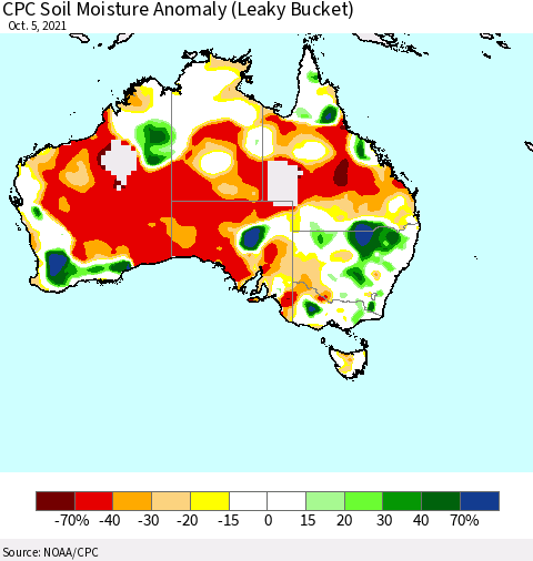 Australia CPC Soil Moisture Anomaly (Leaky Bucket) Thematic Map For 10/1/2021 - 10/5/2021