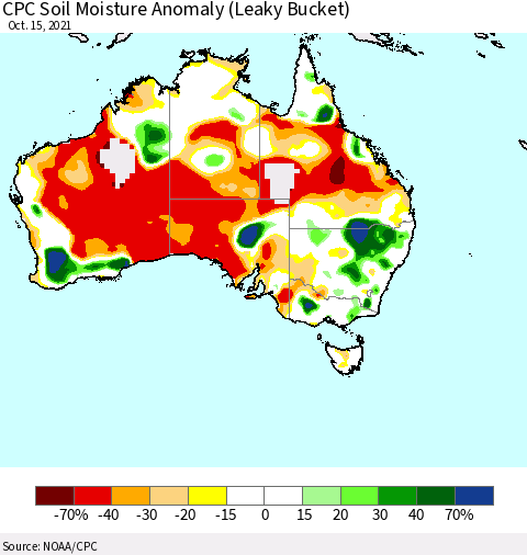 Australia CPC Soil Moisture Anomaly (Leaky Bucket) Thematic Map For 10/11/2021 - 10/15/2021