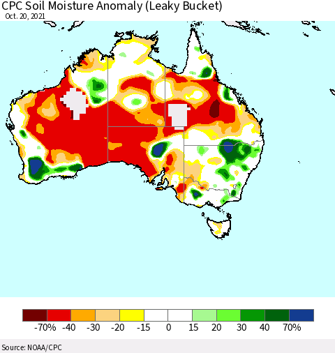 Australia CPC Soil Moisture Anomaly (Leaky Bucket) Thematic Map For 10/16/2021 - 10/20/2021