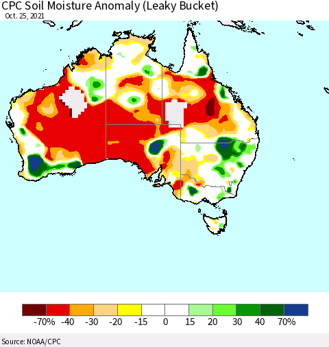 Australia CPC Soil Moisture Anomaly (Leaky Bucket) Thematic Map For 10/21/2021 - 10/25/2021
