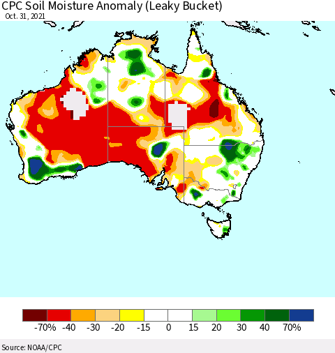 Australia CPC Soil Moisture Anomaly (Leaky Bucket) Thematic Map For 10/26/2021 - 10/31/2021