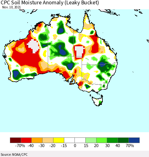 Australia CPC Soil Moisture Anomaly (Leaky Bucket) Thematic Map For 11/6/2021 - 11/10/2021