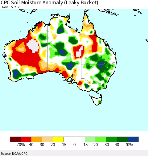 Australia CPC Soil Moisture Anomaly (Leaky Bucket) Thematic Map For 11/11/2021 - 11/15/2021