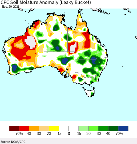 Australia CPC Soil Moisture Anomaly (Leaky Bucket) Thematic Map For 11/16/2021 - 11/20/2021
