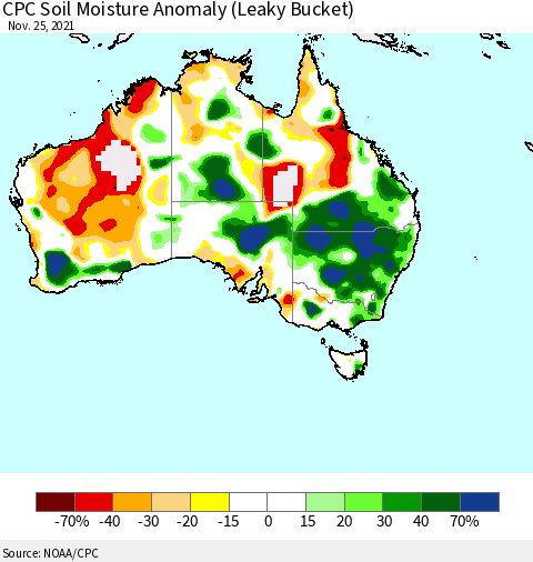 Australia CPC Soil Moisture Anomaly (Leaky Bucket) Thematic Map For 11/21/2021 - 11/25/2021