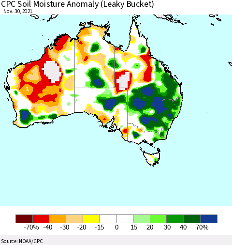 Australia CPC Soil Moisture Anomaly (Leaky Bucket) Thematic Map For 11/26/2021 - 11/30/2021