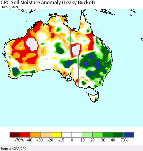 Australia CPC Soil Moisture Anomaly (Leaky Bucket) Thematic Map For 12/1/2021 - 12/5/2021