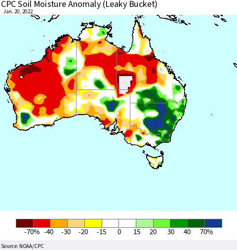 Australia CPC Soil Moisture Anomaly (Leaky Bucket) Thematic Map For 1/16/2022 - 1/20/2022